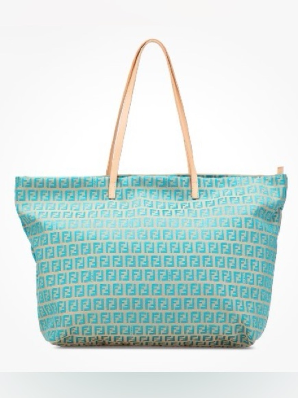 Fendi Zucchino Canvas Aqua or Turquoise Tote Bag with Beige Leather Handles